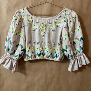 All Things Mochi | Linen Cotton Embroidered Crop Top Flared Sleeve Size XS